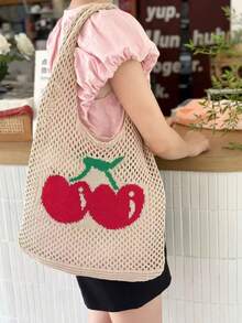 New Summer Hollow Out Shoulder Bag, Pink Knitted Bag, Handmade Crochet Fashion Beach Minimalist Tote Bag, Cherry Print Crochet Large Capacity Travel Shopping Handbag For Women - Multicolor - View 10