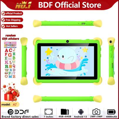 4GB RAM+64GB ROM/7-Inch Children's Tablet/4-Core 1.3GHz/Android 13 MTK8321/1280x800 IPS High-Definition Resolution IPS Screen/2MP+5MP Camera/4000mAh Large Battery/Supports WiFi Parental Control Educational Games/Uses ABS Plastic+Silicone BDF K10 Children's Education Tablet (Including: Packaging Box/Data Cable/Manual/OTG/Card Needle)