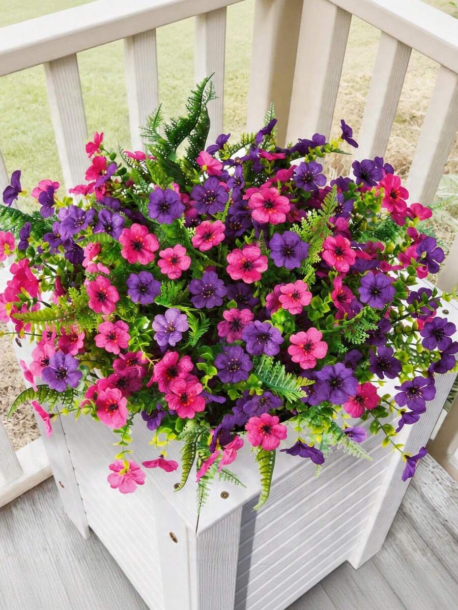 MEHELANY 3 Bunches Artificial Outdoor Multicolor Silk Fake Flowers With Green Leaves, Suitable For Spring/Summer Home, Hotel, Office, Holiday, Memorial Decoration, DIY Floral Indoor/Outdoor Decor - Purple - View 1