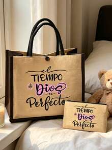 Juego de bolso de lona de lino de fe cristiana, bolso de hombro impreso con el verso religioso en español "El tiempo de Dios es perfecto", bolso de gran capacidad casual, bolso de compras con verso inspiracional, bolso de mano y bolsa de cosméticos, bolso para uso diario, viajes, trabajo y escuela para damas, regalo único para cumpleaños, festividades, día de la madre, vacaciones, boda y regreso a clases - Multicolor - Ver 1