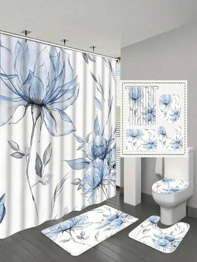 1/4pcs Blue-Gray Watercolor Floral Shower Curtain Set, Minimalist Botanical Art Shower Curtain, Bathroom Curtains, Suitable For Bathroom Decor, Waterproof Polyester Fabric, With 12 Hooks, Multiple Sizes Available. Bathroom U-Shaped Floor Mat And Round Toilet Seat Cover, Bathroom Set For All Scenarios