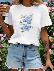 Elegant, avslappnad t-shirt med blommönster-X - Vitt - Visa 1