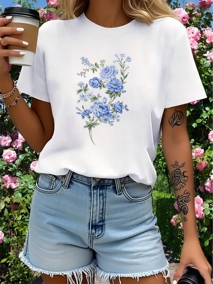 Elegant, avslappnad t-shirt med blommönster-X - Vitt - Visa 1