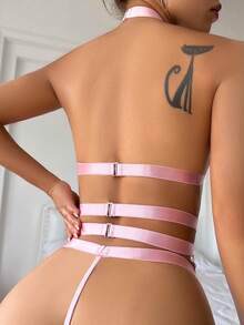 Floral Lace Ring Linked Garter Lingerie Set With 1pair Leg Ring - Pink - View 7