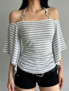 Áo kiểu nữ Mariasol thắt dây vai, tay loe, kẻ sọc, thanh lịch, phong cách Y2K, thích hợp mặc hàng ngày, đi nghỉ mát, dự tiệc, lễ hội nhạc đồng quê, mùa xuân/hè. - Nhiều màu - Xem 1