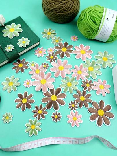 24pcs Mixed Color Small Daisy Fabric Patches, Green/Pink/Brown Floral Embroidered Stickers For Clothing Repair & DIY Decoration