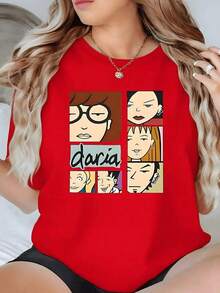 Playera de algodón suave para mujer con estampado gráfico de personaje de dibujos animados retro, 1 pieza, 100% algodón, camiseta divertida con retrato, estilo casual de cuello redondo para mujer, estilo vintage streetwear. - Rojo - Ver 7
