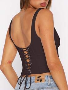 女款優雅修身束腰上衣，帶骨架胸部設計，粗肩帶，後背繫帶設計，Y2K女孩修身短版收腰夏季上衣 - 咖啡棕 - 查看 2