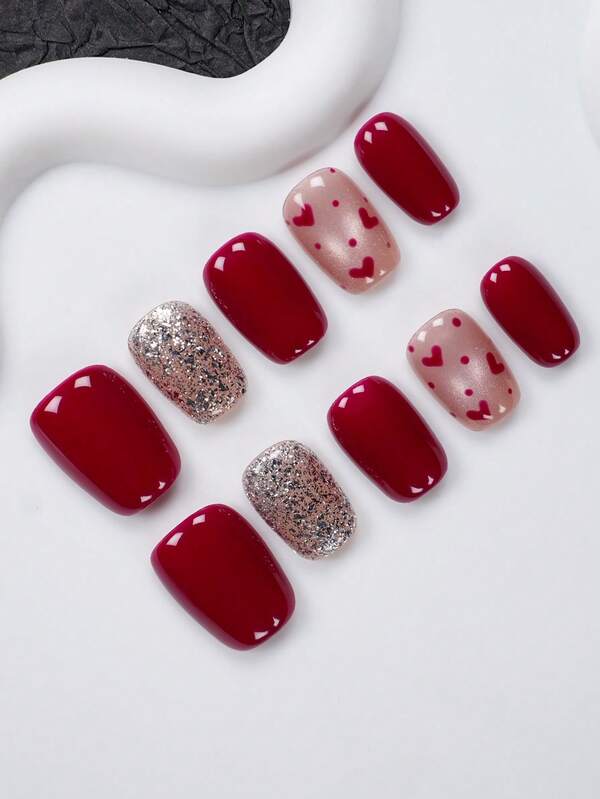 10pcs Extra Short Square Handmade Wearable Nails (With Manicure Tools), Festive Red With Silver Glitter And Nude Pink Heart Decor, Glossy False Nails Manicure Set, Suitable For Women And Girls For Daily Wear And Parties