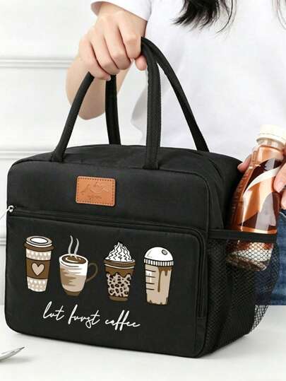 Zippered Insulated Bag With 'Four Cups Of Coffee' Pattern, Double-Layer Large-Capacity Thermal Cooler Lunch Box, Includes Black Cutlery Storage Pouch, Lightweight Leak-Proof Portable Picnic Bag, Office School Work Food Container, Multi-Functional Outdoor Camping Isothermal Bag, Keeps Food Hot Or Cold, Ideal For Men Women Students Daily Use Holiday Party