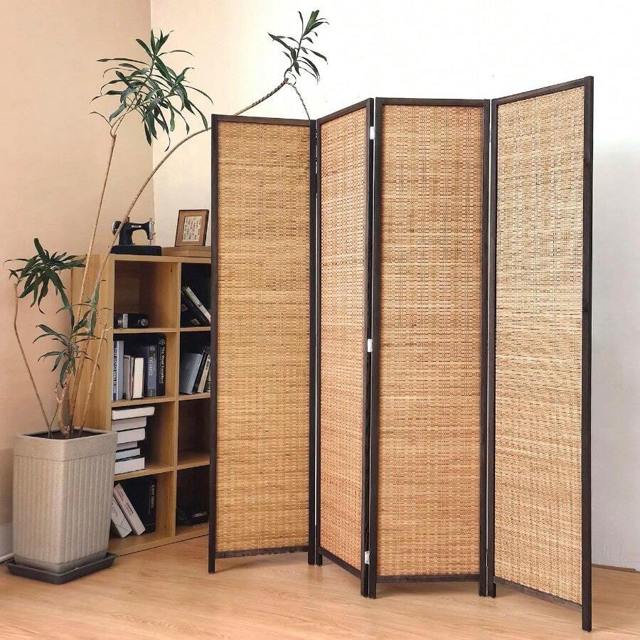 4 Panel Bamboo Room Divider Screen,5.6 FT Tall Bamboo Divider Folding Panel Screen,Freestanding Panel Divider For Room Seperation,Brown - Brown - View 1