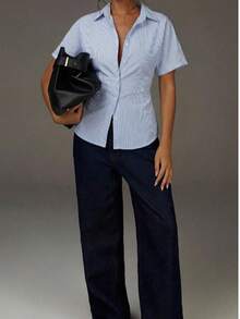 Blue & White Striped Sleeveless Lapel Plus Size Blouse Loose Fit Casual Top Summer - Blue and White Stripes - View 4