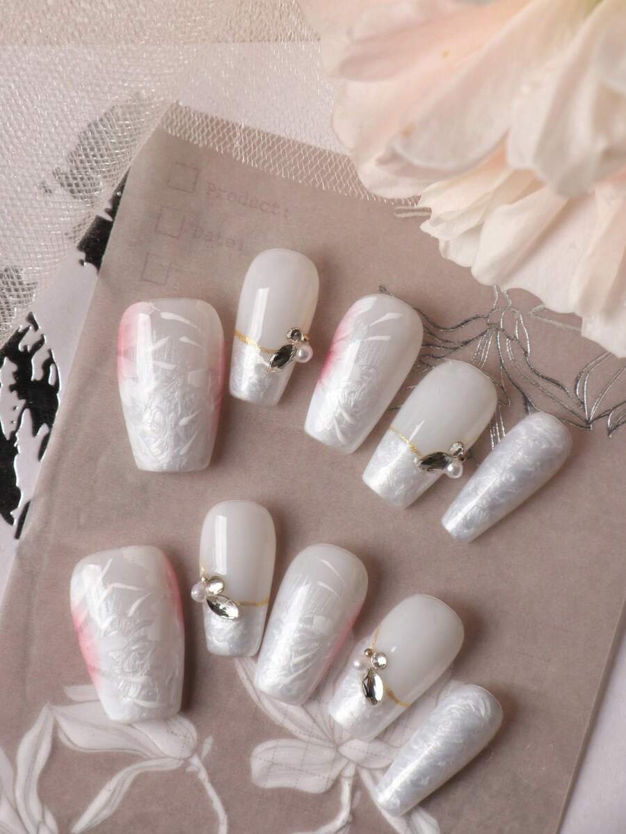 10pcs White Nail Stickers With Pink Floral Pattern, Handmade, Suitable For Short Nails, Artificial Nail Kit Includes 1 Adhesive Sticker Sheet And 1 Mini Nail File - Multicolor - View 1