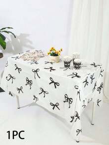 3pcs 137*274CM/53.94*107.87IN Party Decorative PE Waterproof And Oil-Resistant Disposable Tablecloth, Fashionable White Background Black Bow Pattern Tablecloth, Suitable For Various Theme Parties And Daily Decoration, Can Be Used As Background Cloth/Picnic Mat - Black and White - View 7