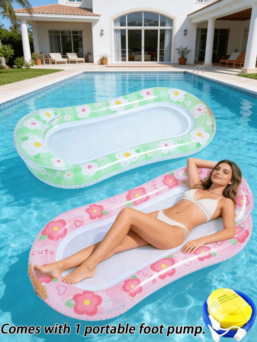1pc Inflatable Floating Lounger Chair With Floral Elements, Includes Headrest, Made Of PVC Material, Suitable For Water, Beach, Pool, Theme Parties, Inflatable Water Floats, Water Resting Bed, Pool Floating Accessories, Requires Separate Air Pump Purchase - Sequined Flower Floating Bed - View 1