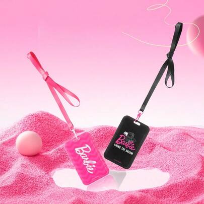 Miniso 芭比卡套吊坠 - 粉色和黑色，卡通印花，柔软材质，不易变形，校园卡公交卡收纳挂件（1个）