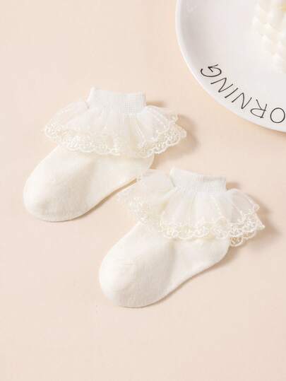 1 Pair Spring/Summer Baby/Girls' Versatile Socks, Cute Beige Sweet Princess Style Embroidered Lace Trim Socks, Fashion Casual Breathable Soft Comfortable Short Socks, Suitable For School, Dance Performance, Party, Leisure Activities