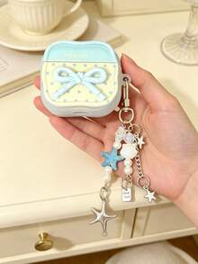 Korean Style Milky Blue Polka Dot Bow Bluetooth Earphone Protective Case, With Polka Dot Bow Design And Star Pendant, Shockproof And Scratch-Resistant Earphone Case, Compatible With Apple 1/2/3/4/Pro/Pro2(Nd)/Pro3(Rd) - Baby Blue - View 3