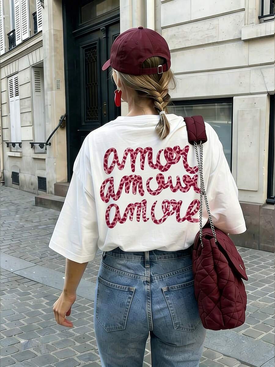 Lightweight, Comfortable, Soft Short Sleeve T-Shirt, Fitted, Street Style Pinterest "Amor Amour Amore" Leopard Print Pattern On Back, White European Summer Top Casual - White - View 1
