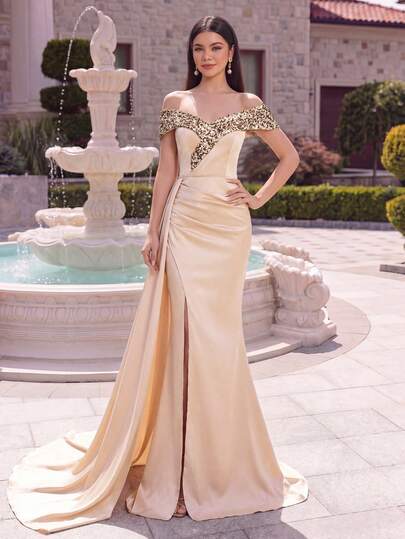 ALISA&LEO Satin Off Shoulder Dress For Teen Girls - With Sequin Shoulder And Hem Trim, Side Slit - Suitable For Prom, Birthday Party, School Dance And Weekend Social Events