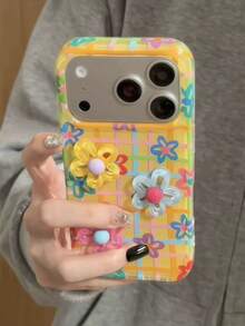 Korean Style Ins Dopamine Colorful Plaid 3D Floral 17 Pro Max Phone Case, Creative Protective Cover Compatible With Apple 15 Pro, 14, 13, 16, 17 Unique Design For Women - Multicolor - View 6