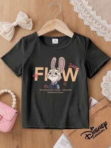 1 Piece Gentle Style Kids T-Shirt Disney Zootopia Judy Head Print Summer Breathable Short Sleeve Top, This Baby Girl's Clothing Is Suitable For Daily Weaersatile And Non-Stuffy, Perfect For Spring And Summer, Vacations, Outdoor Activities, Amusement Parks, And As A Gift For Kids. - 黑色 - 查看 9
