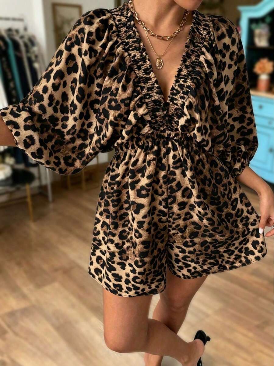 Women's Elegant Leopard Print V-Neck Jumpsuit, Puff Sleeve Ruffle Waist Tie Casual Short Jumpsuit, Vintage Street Style All Season Daily Wear - Multicolor - View 1