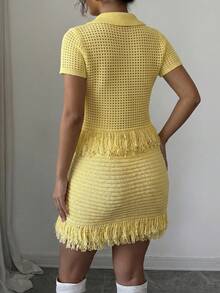 Yellow Crochet Polo Shirt With Fringe Hem, Button Down Knit Top For Summer Vacation & Casual Outings - Yellow - View 6