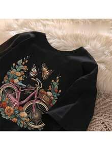 Korean Style Graphic Oversized T-Shirt For Men And Women, Easy Print Round Neck Tee, Breathable And Soft, Great For Summer Streetwear, Casual Black Short Sleeve-X - Black - View 2