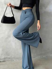 Pantalones rectos negros elegantes y casuales para mujer, pantalones de verano con cintura asimétrica en V para acentuar las curvas, adecuados para la escuela, el uso diario, el trabajo, las citas y las vacaciones de primavera - Azul grisáceo - Ver 2