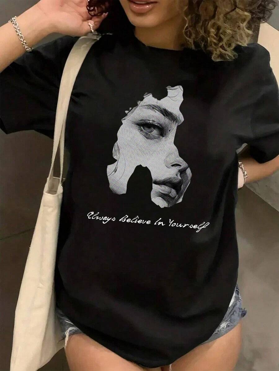 short sleevesCamiseta de manga corta para mujer con estampado de personajes y eslogan "Siempre cree en ti misma", camisetas gráficas para mujerLeisure - Negro - Ver 1