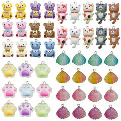 1pack Multicolor Cute Resin Charms Bear, Cat, Paw Print & Shell 3D Pendants For DIY Jewelry Making, Bracelet, Necklace, Keychain Accessories