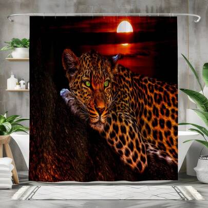 1pc 2D Plane Leopard Print Sunset Theme Decorative Bathroom Accessory For A Modern And Elegant Look Made With Vibrant Colors Animal Design Durable Fade Resistant Easy To Hang Includes Hooks Easy Maintenance
