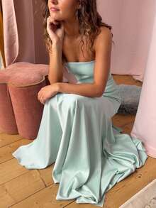 Vestido largo sirena sin tirantes con tul a la moda europeo y americano - Verde - Ver 4