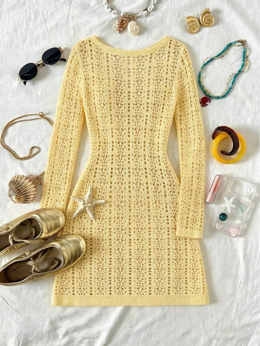 Women's Casual Sexy Sheer Knit Round Neck Long Sleeve Regular Length Cover-Up, Suitable For Beach Wear, Summer Outfit Vacation - Yellow - View 1