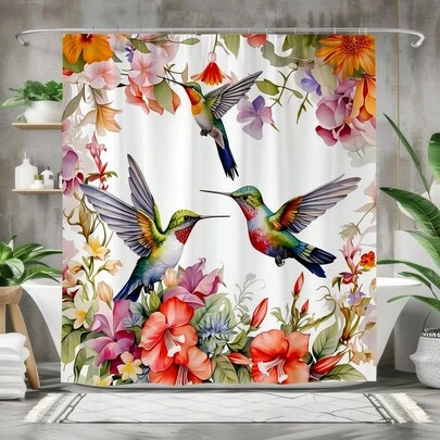 1 Tấm rèm tắm 2D phẳng họa tiết chim ruồi và hoa, màu sắc tươi sáng, thích hợp trang trí phòng tắm, mang đến khung cảnh thiên nhiên nhiệt đới. Đây là phụ kiện trang trí nhà cửa với họa tiết động vật hoang dã, được làm từ vải polyester họa tiết chim nhiều màu sắc, có thể dùng để trang trí nội thất và đi kèm với móc trang trí.
