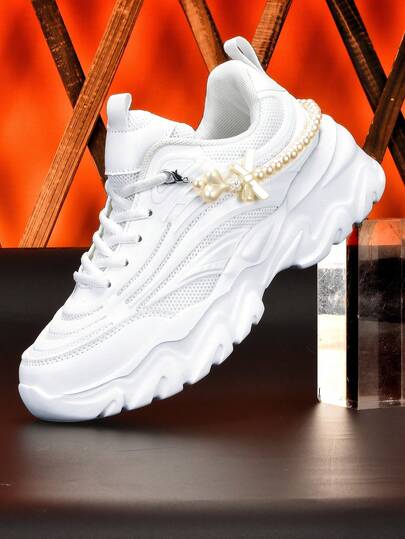 Women's 5cm Platform Thick-Sole Chunky Sneakers, Sweet Girl Retro Style With Heart & Bowknot, Pearl Chain Decor, Mesh Breathable EVA Outsole, White Casual Sports Shoes, Comfortable, Suitable For Daily Wear, Campus, Versatile