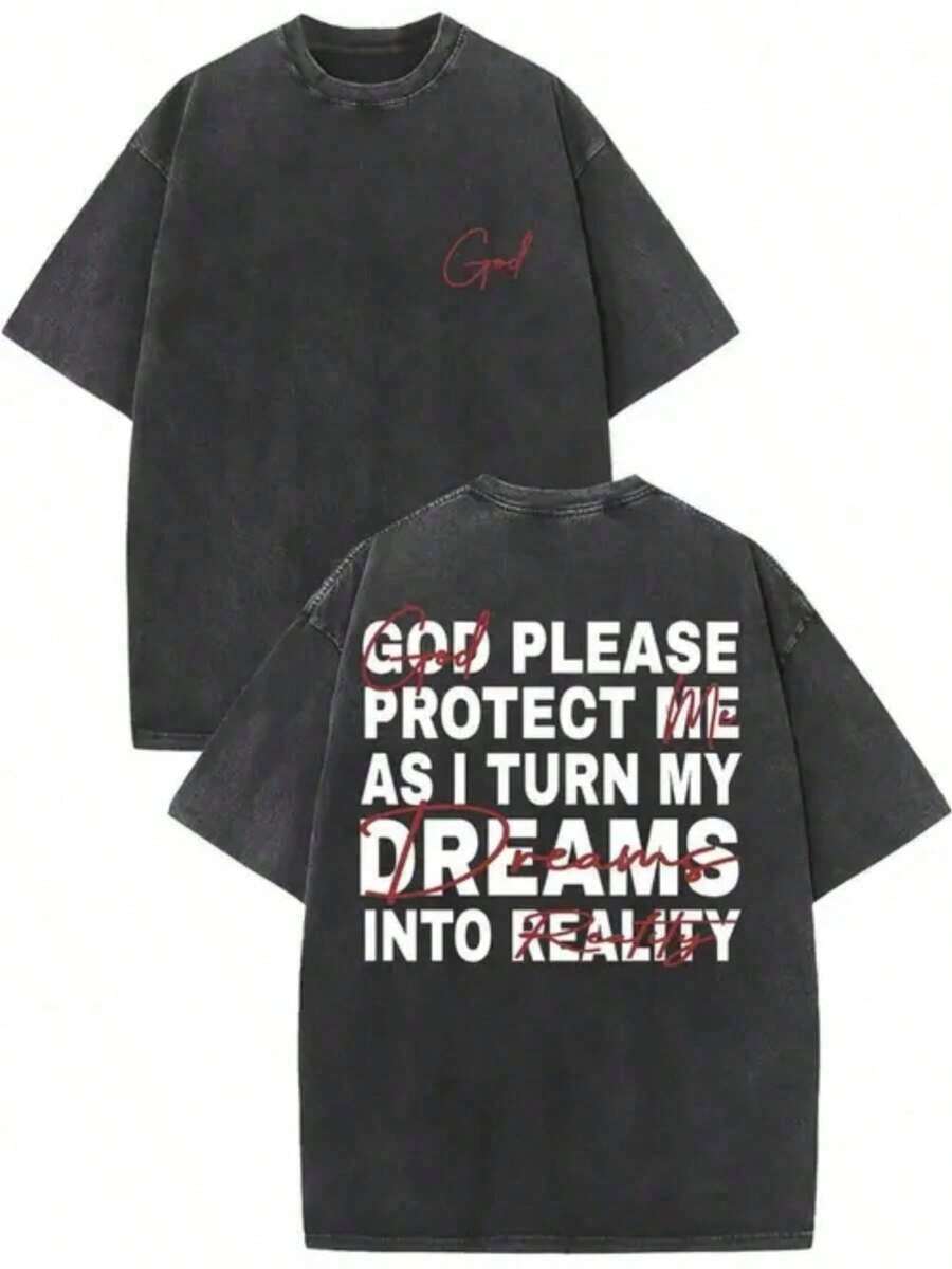1 God's Blessing Printed Cotton T-Shirt - Retro Water Washed Black Unisex Casual Summer T-Shirt With Inspirational Quotes On Top Round Neck Machine Washable 250g Suitable For Easter, Halloween, Tsummer Outfits For Womensummer Clothes Men - 黑色 - 查看 1
