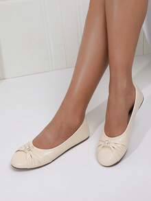 Ballet Shoes, Round Toe Pearl Bow Tie Wrinkle Design, Versatile Low-Top Soft Bottom Comfortable Lightweight Low Heel Slip-On Shoes, Suitable For Work, Travel, Vacation, Party, Dress Matching, Beige Loafers - Beige - View 8