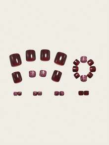 24 pièces Faux ongles carrés à presser, ongles d'orteils rouges, parfaitement adaptés aux ongles courts, faciles à porter, convenant aux ongles d'été et aux ongles French Tip, convenant aux femmes et aux filles pour un port quotidien et les fêtes. - Rouge foncé - Voir 3