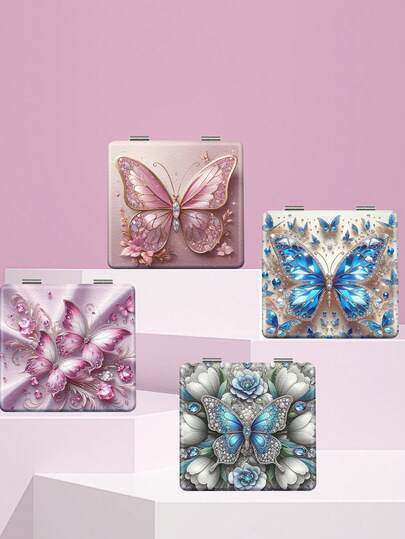 1pc Portable Folding Makeup Mirror, Butterfly Design, Cartoon Style, Suitable For Women, Students, Home Use