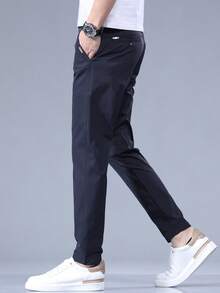 Men's Summer Letter Embroidered Pocket Straight Leg Thin Casual Pants - Royal Blue - View 3