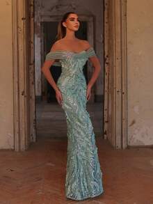 Faeriesty Vestido de noche de lujo con cuentas y lentejuelas, escote hombros descubiertos con broche de cristal en forma de estrella, bordado floral, adecuado para banquetes y celebraciones - Verde - Ver 8