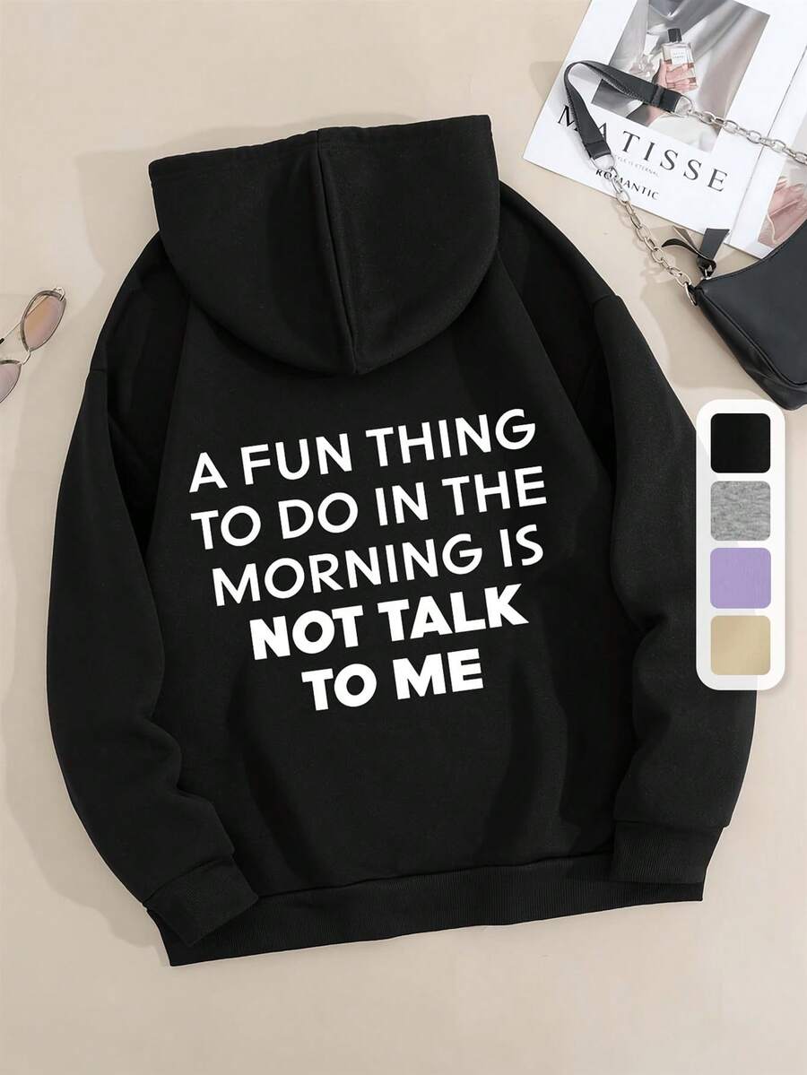 Easy Hoodie With Letter Print, Casual Sweatshirt Featuring A Drawstring And Kangaroo Pocket, Women'S Apparel Gym Womens Tops - 黑色 - 查看 1