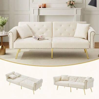 Modern 2-Seater Sofa Bed – Velvet Upholstery, 3-Position Adjustable Backrest & Gold-Plated Metal Feet. Stylish Sofa With Sleeping Function – Space-Saving, Durable, Ideal For Small Rooms.
