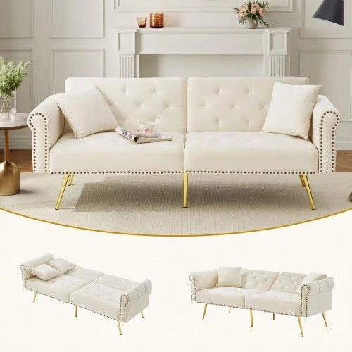 Modern 2-Seater Sofa Bed – Velvet Upholstery, 3-Position Adjustable Backrest & Gold-Plated Metal Feet. Stylish Sofa With Sleeping Function – Space-Saving, Durable, Ideal For Small Rooms. - 米色 - View 1