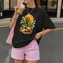 Camiseta Negra con Estampado de Calavera y Cactus para Mujer Verano Casual - Negro - Ver 3