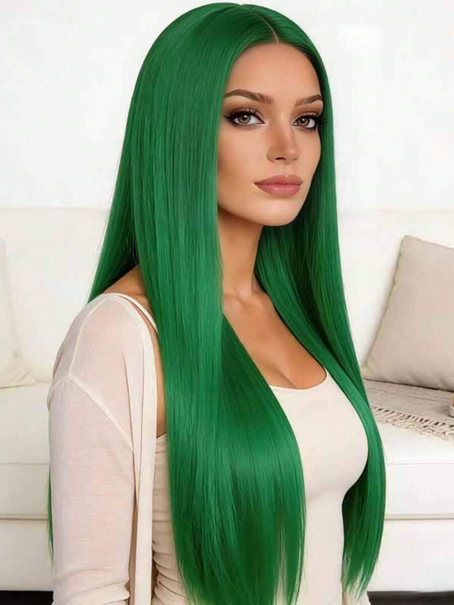 28 Inch Green Women's Wig, Heat Resistant Fiber Fluffy Style, Natural Middle Part No Bangs Long Straight Hair, Suitable For Halloween, Festivals, Parties, And Daily Fashion - Green - View 1