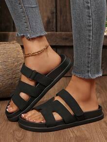 Women's Outdoor Indoor Summer Casual Vacation Sandals With Cut-Out Band & Adjustable Strap & Memory Foam, Womens Shoes Platform Flats Slippers Slides - 黑色 - 查看 6