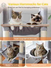 PAWZ Road 69'' Tall Cat Tree For Indoor Large Cats, Large Cat Tower For Fat Cats With Super Big [20X16] Hammock, Cat ClimbingTree Tower With Scratching Posts, Condo House And Large Top Perch,Grey - 灰色 - 查看 5